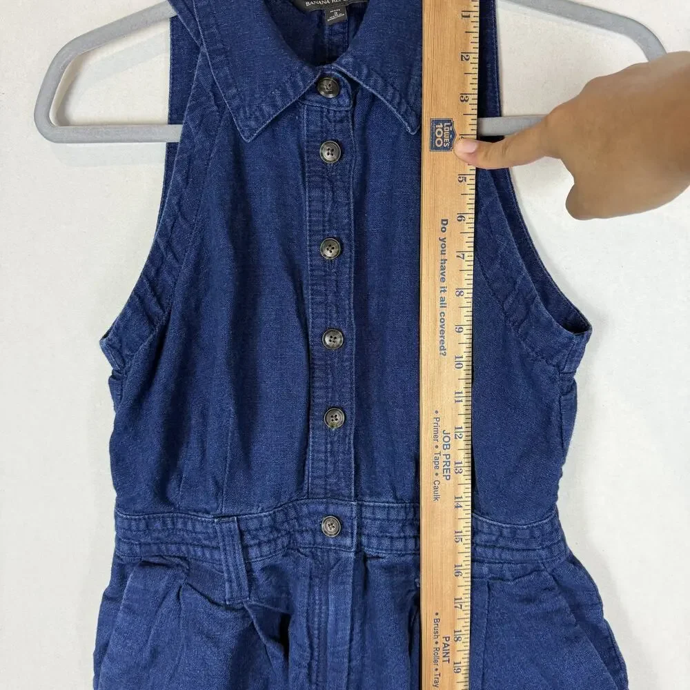 Banana Republic Camp Romper Womens 2 Petite Blue Linen Button Front Tie Waist‎